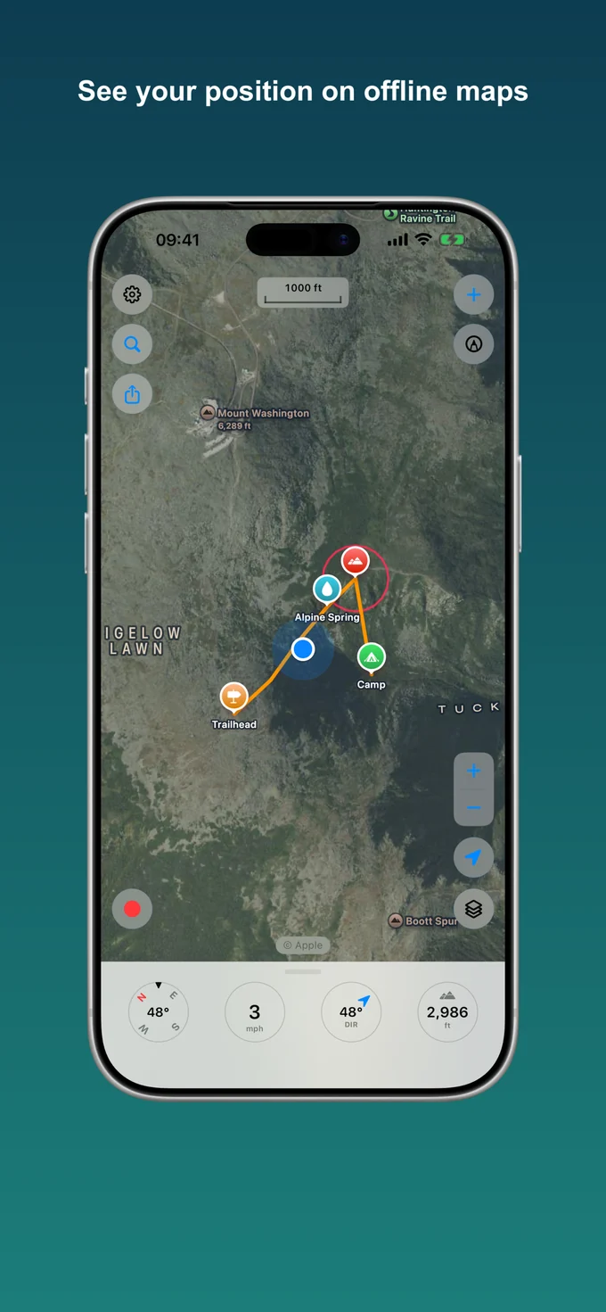 The Trailseek map with a recorded track, waypoints, and the coordinate readout