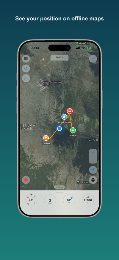 The main map with your location, a recorded track, waypoints, and the readout panel